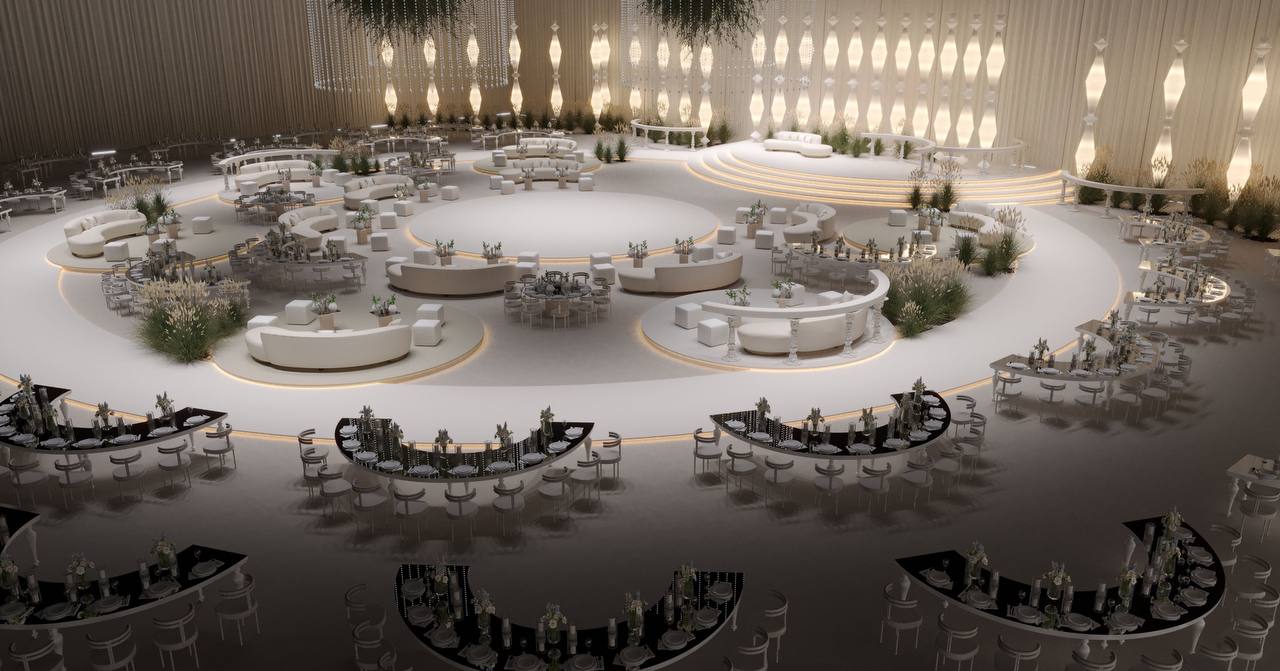 Design render of a circular banquet layout with curved seating pods by RAW Group